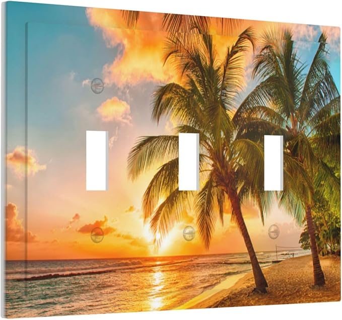 Light Switch Cover Sunset Beach Palm Tree Seascape 3 Gang Wall Plate Triple Light Switch Plate Tropical scenery Toggle Decorative Outlet Covers Electrical Switchplate for Bathroom Home Decor