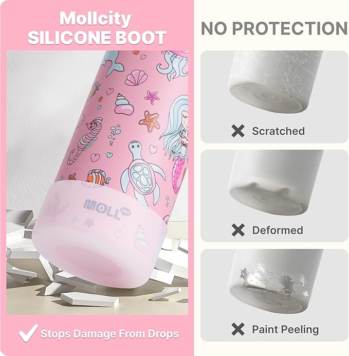 16 oz Stainless Steel Vacuum Insulated Wide Mouth Sports Water Bottle for Back to School-Reusable Metal Water Bottle Flask for Girls-Mermaid