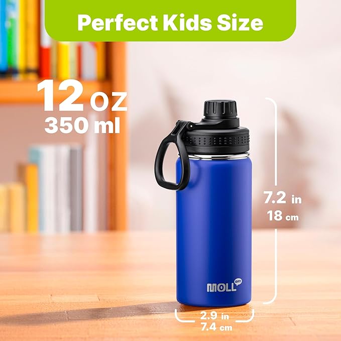 Kids Insulated Water Bottle-12 oz Stainless Steel Sports Water Bottle Wide Mouth with Leakproof Spout Lid-Gift for Boy, 2 Pack (Navy-Grass Green)