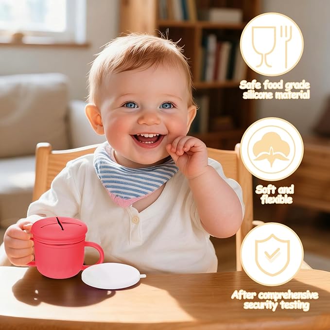 Mity Rain 2-Pack Stainless Steel Snack Containers, 4-in-1 Spill Proof Snack Cups with Silicone Lid and Handle, Dishwasher Safe Travel Snack Containers for Kids and Infants (Red + Ivory Yellow)