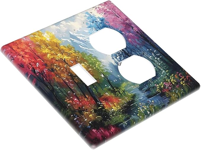 Colorful Forest Snow Mountain River Oil Painting Style Wallplates 1 Toggle 1 Duplex Switch Plate Electrical GFCI Faceplate Decorative Light Switch Covers for Bedroom Living Room Decor