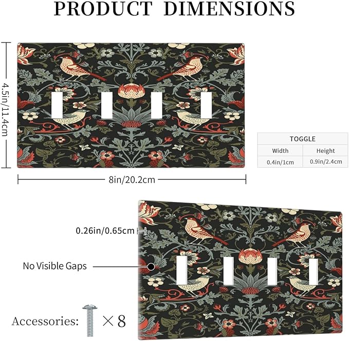 Vintage Birds Berries Mid Century Floral Flower Light Switch Covers Quad Toggle Electrical Faceplate 4 Gang Wall Plate Decorative Switch Plates Cover for Bedroom Living Room Decor