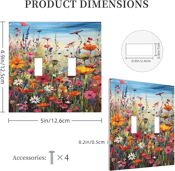 Colorful Wildflowers Painting Floral Flower Decorative Switch Plates 2 Gang Double Toggle Outlet Light Switch Cover Wall Plate Electrical Faceplate for Bedroom Living Room Decor