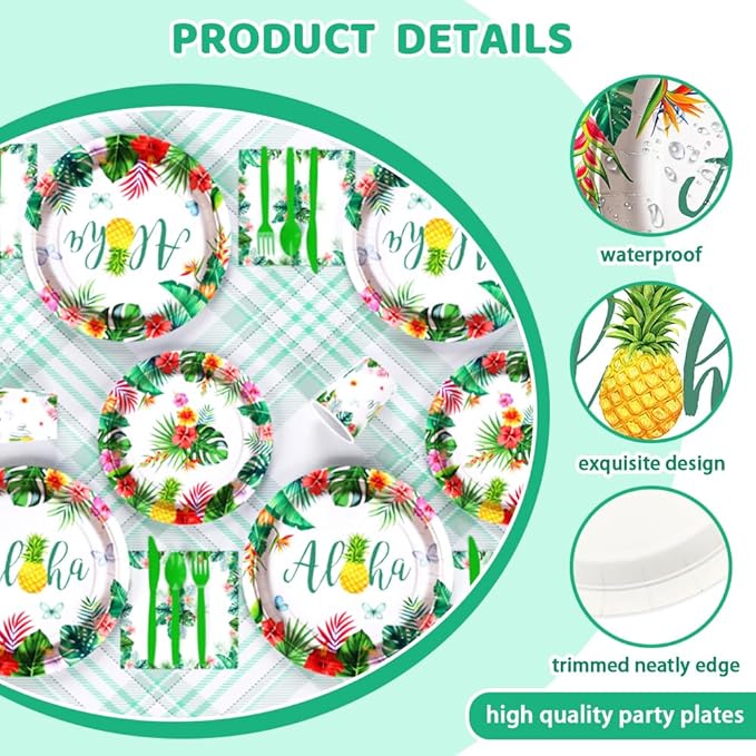 AIBIIN 192 PCS Hawaiian Luau Party Decorations Tropical Paper Plates Cups and Napkins Sets Tropical Party Supplies Disposable Tableware Set with Plates Forks Straws Serves 24 Guests