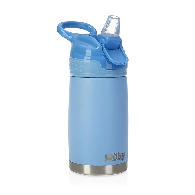 Nuby Thirsty Kids No Spill Flip-It Reflex Stainless Steel Travel Cup or Water Bottle - 10 Oz - 18+ Months - Blue - Back to School Essentials,(Pack of 12)