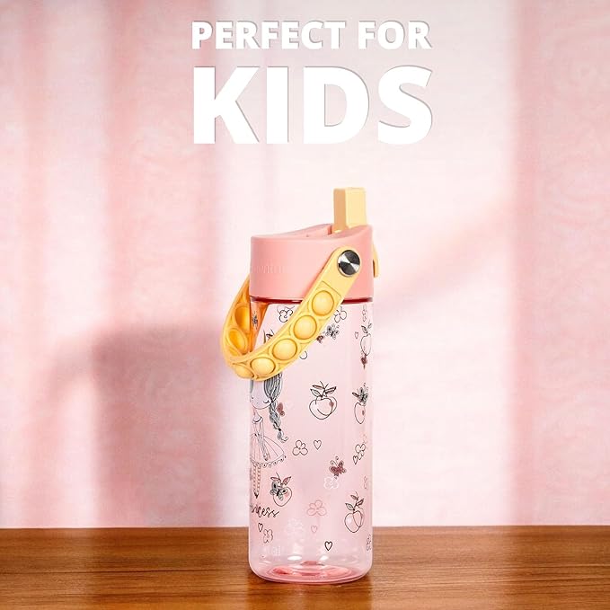 Elemental Leak Proof Water Bottles for Kids - Splash Kids Water Bottle for School with Pop-it Handle - Tritan Plastic Water Bottle with Straw - Little Princess & Robin's Egg - 18oz (2 Pack)