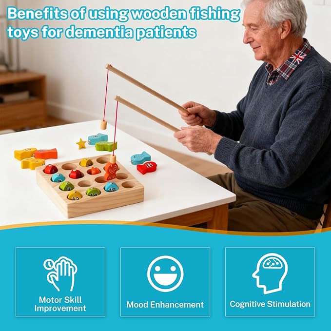 Dementia Therapy Wooden Magnetic Fishing Game for Seniors - Alzheimer's Cognitive Activities & Memory Recall Tools, Fine Motor Skill Training for Elderly Patients