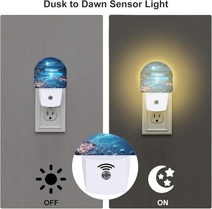 Full Moon and Sparkling Lake Night Light for Kids,Magical Beach at Night Plug in Night Light with Dusk to Dawn Sensor, 0.5w Energy Saving Nightlight for Hallway Stairway Kitchen Bedroom