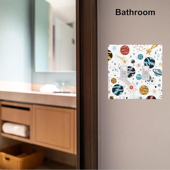 Space Planets Stars 2-Gang Double Toggle Light Switch Plate, Cartoon Space Wall Plate for Home, Office, Kids Room & Playroom