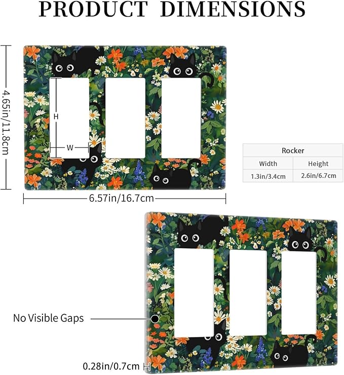 Black Boho Green Leaves Floral Triple Decorator Light Switch Cover 3 Gang GFCI/Rocker Wallplate Decorative Electrical Faceplate Switchplate Dimmer Screwless