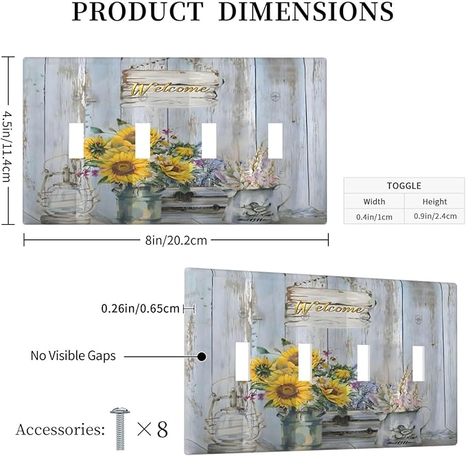 Rustic Sunflower Floral Vintage Wood Board Light Switch Covers Quad Toggle Electrical Faceplate 4 Gang Wall Plate Decorative Switch Plates Cover for Farmhouse Home Decor