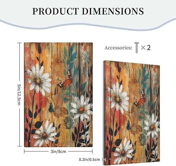 Light Switch Cover Vintage Wooden Daisies Butterflies Floral Decorative Switch Plates 1 Gang Blank No Device Outlet Covers Electrical Wall Plates for Bathroom Farmhouse Decor