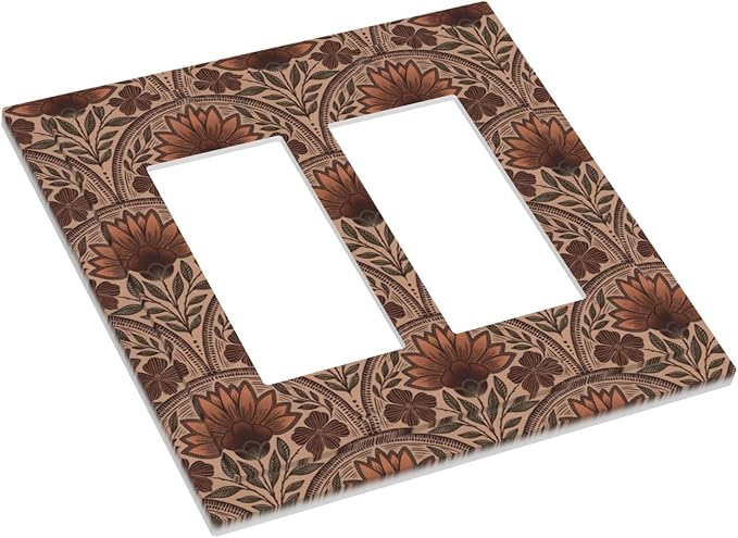 Earth Tone Floral Rustic Damask Boho Flower Decorative Outlet Covers 2 Gang Double GFCI Rocker Electrical Wall Panels Light Switch Cover Plate for Farmhouse Home Decor
