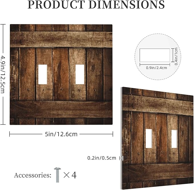 Brown Wooden Barn Door Old Wood Print Decorative Switch Plates 2 Gang Double Toggle Outlet Light Switch Cover Wall Plate Electrical Faceplate for Farmhouse Home Decor