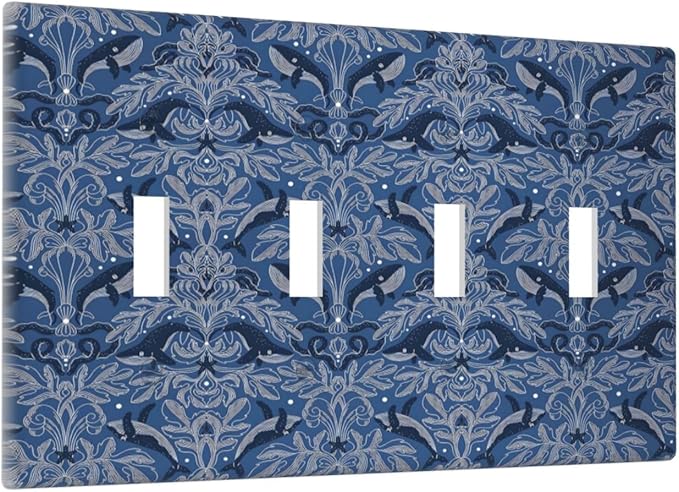 Blue Modern Nautical Art Whale Fish Ocean Damascus Light Switch Covers Quad Toggle Electrical Faceplate 4 Gang Wall Plate Decorative Switch Plates Cover for Bedroom Living Room Decor