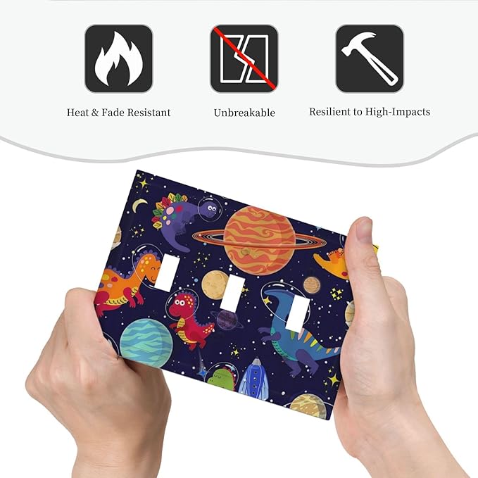 Navy Blue Cute Cartoon Dino Dinosaur Decorative 3 Gang Toggle Light Switch Covere Plate Kids Universe Galaxy Outer Space Planet Nebula Boy Electrical Outlet Switch Face Wall Plate Cover Jumbo Size