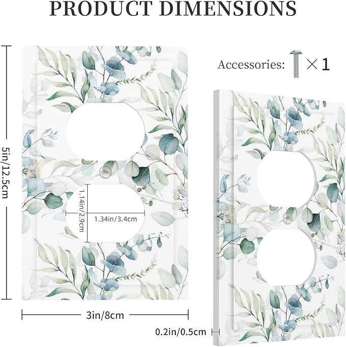 Boho Watercolor Green/White Spring Eucalyptus Saga Leaves Plant Botanical 1 Gang Device Duplex Receptacle Wall Plate Electrical Outlet Decorative Decorator Light Switch Face Plate Plug Socket Cover