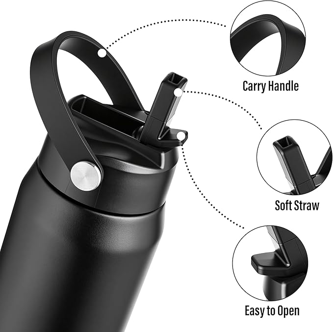 Oldley 32oz Insulated Water Bottle with Straw, Stainless Steel Water Bottle for Sports, Travel, School, BPA-Free Sports Bottles for Adult Kids, Leak-Proof, Black