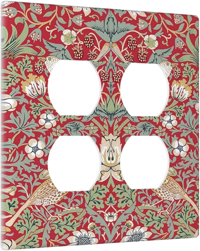 Decorative Outlet Covers William Morris Strawberry Thief Botanical Red Green 2 Gang Double Duplex Light Switch Cover Wall Plates Electrical Socket Cover Art Faceplate for Bathroom Bedroom Decor