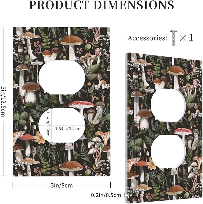 Vintage Gothic 60S Black Boho Mushroom 1 Gang Duplex Wall Plate Receptacle Outlet Covers 70s Plant Fungus Forest Botanical Decorative Electrical Dual Device Light Switch Plug Socket Faceplate Cover