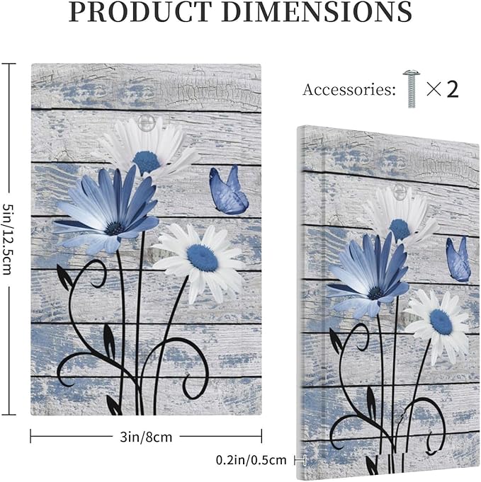 Blue White Daisy Flower Butterfly Rustic Wood Board Light Switch Cover Plate 1 Gang No Device Blank Electrical Wall Plates Faceplate Decorative Switch Plate Covers for Farmhouse Bedroom Decor