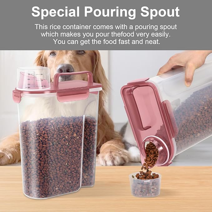 LEAWALK 5-7Lbs Dog Cat Food Storage Container with Upgraded Large Nozzle BPA-free, 4 Snap Seals Plastic Pet Food Storage Containers with Handles (Clear Pink, 5L-1pack)