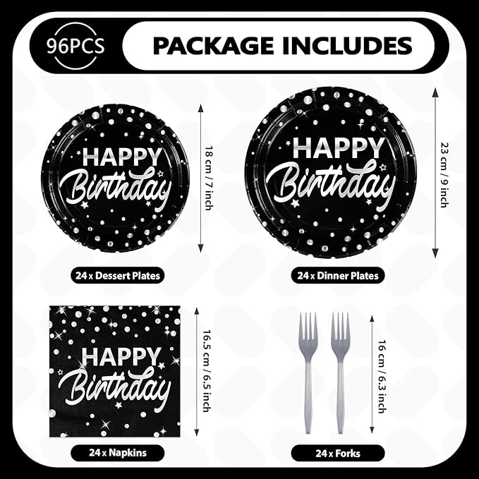 Grencian 96Pcs Black and Silver Birthday Party Decorations Silver Polka Dots on Black Paper Plates and Napkins Disposable Tableware for Women Men Birthday Party Graduation Decorations 2026 Serve 24