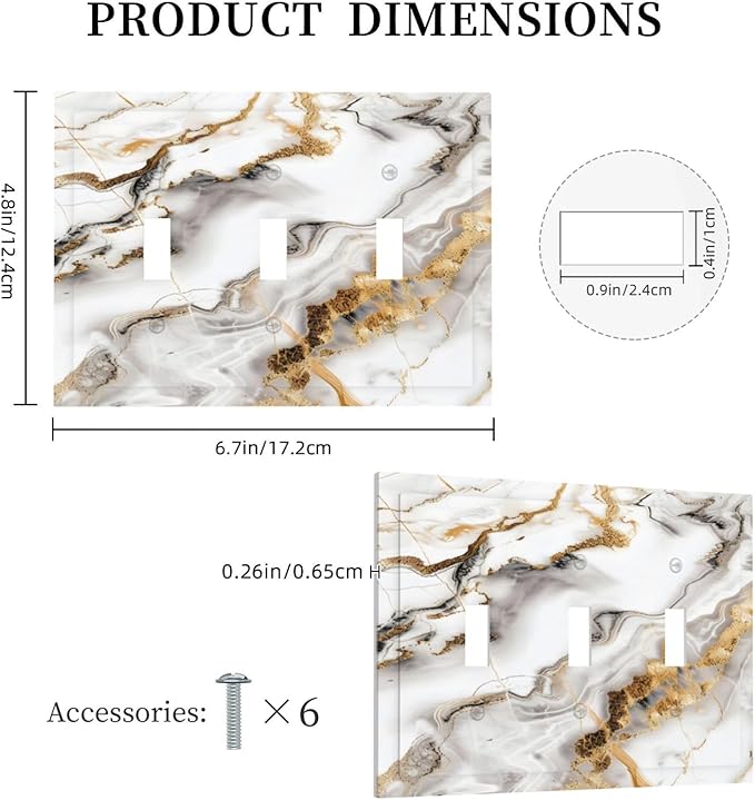 Luxurious Marble Abstract White Gold Tile Modern Simplicity Decorative Switch Plates 3 Gang Wall Plate Triple Toggle Light Switch Cover Faceplate Electrical Wall Panels for Bathroom Kitchen Decor