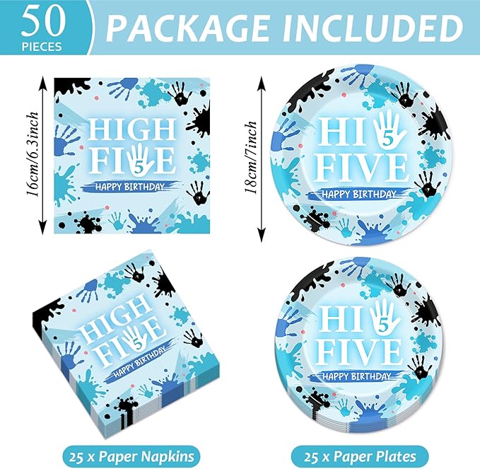 CHUNNIN 50Pcs Hi Five Birthday Plates and Napkins 5th Bday Party Decorations Blue High 5 Year Old Paper Dessert Cake Plates Tableware Set Serve 25 Guests for Kids Boys Girls Birthday Party Supplies