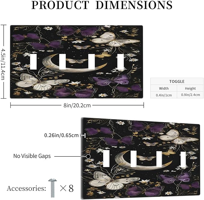 Light Switch Cover Plate Boho Crescent Moon Butterfly 4 Gang Quad Toggle Wall Plate Electrical Outlet Cover Decorative Switch Plate Covers for Bedroom Home Decor