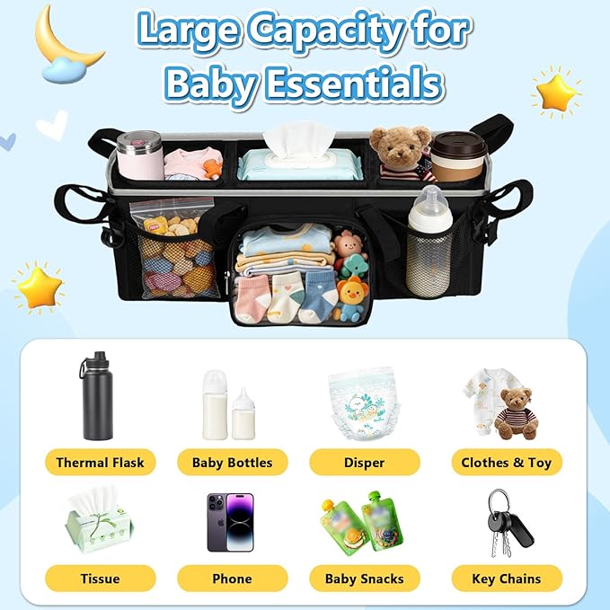 Double Stroller Organizer for Bob Duallie Jogger City Mini GT2 and Jeep, Double Baby Stroller Caddy Accessories with 2 Cooler Pockets, Heavy Duty Parent Double Jogging Stroller Organizer (Empty Bag)