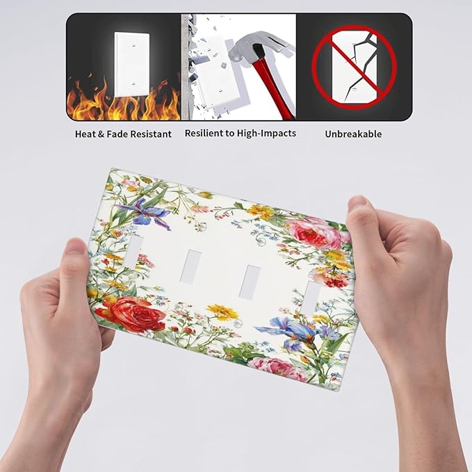 Decorative Light Switch Cover Plate Rustic Red Flower Garden Floral 4 Gang Wall Plates for Electrical Outlets Quad Toggle Switch Plate Covers Outlet Covers Faceplate for Country Home Decor
