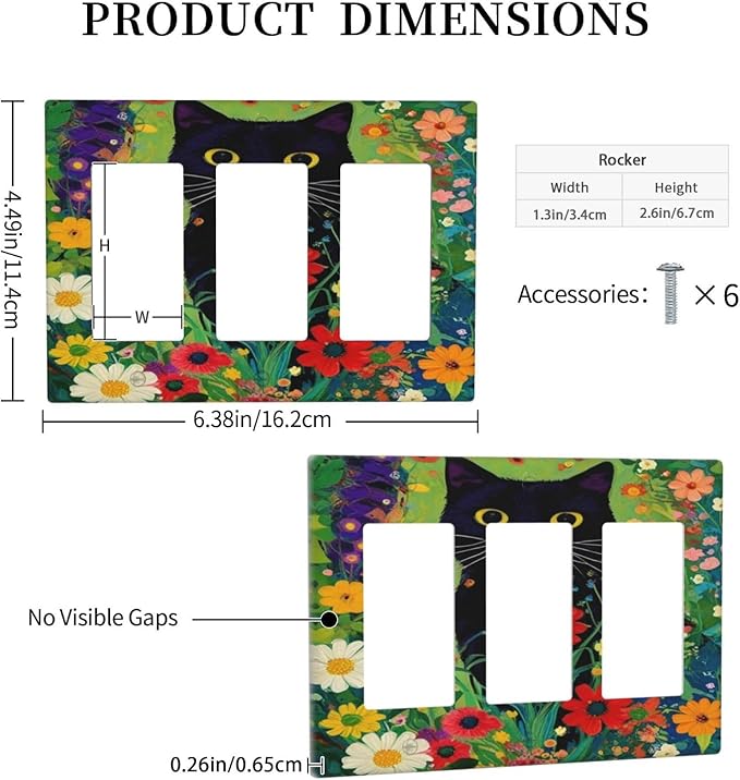 Decorative Art Light Switch Covers BlackCat&Flowers 3 Gang Triple Rocker Outlet Switch plate GFCI Faceplate GFCI for Home Decor