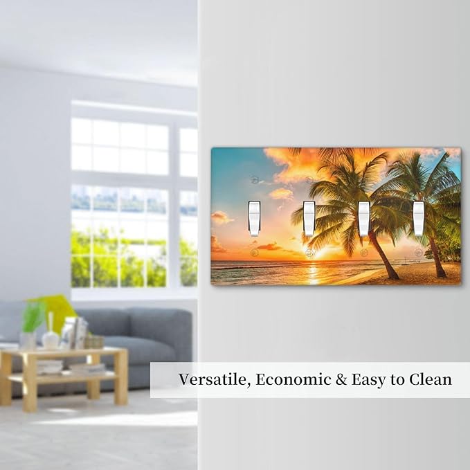 Light Switch Cover Sunset Beach Palm Tree Seascape 4 Gang Switch Plate Quad Toggle Wall Plates Tropical scenery Decorative Switchplate Electrical Outlet Cover Plates for Bathroom Home Decor