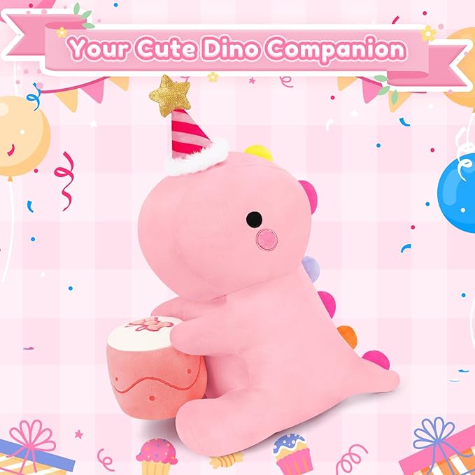 SQEQE Dinosaur Stuffed Animal, Cute Dinosaur Plush Toys with Cake, Dino Plushies Anniversary Birthday Gift for Her Girls Boys Boyfriend Girlfriend(Pink,12 inch)