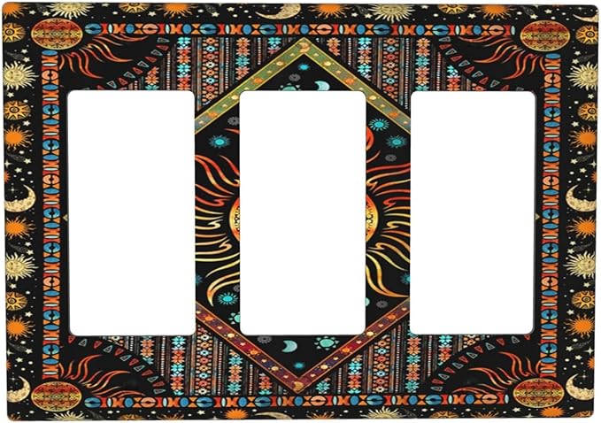 Light Switch Cover Boho Burning Sun Hippie Retro Bohemian Gypsy 3 Gang Wall Plate Triple Light Switch Plate Rocker GFCI Outlet Covers Decorative Receptacle Cover for Bathroom Home Decor