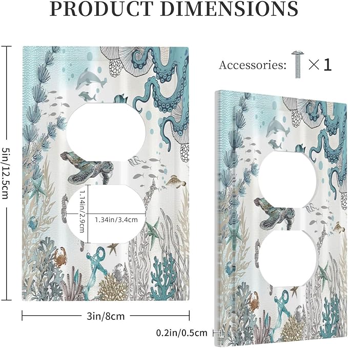 Sea Turtle Octopus Ocean Underwater Animal 1 Gang Outlet Plate Decorative Single Duplex Wall Plate Covers Unique Electrical Receptacle Light Switch Cover Faceplate Switchplate for Bathroom Decor