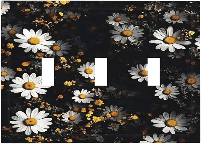 White Black Daisy Wildflower Modern Chrysanthemum Decorative Switch Plates 3 Gang Wall Plate Triple Toggle Light Switch Cover Faceplate Electrical Wall Panels for Bedroom Farmhouse Decor