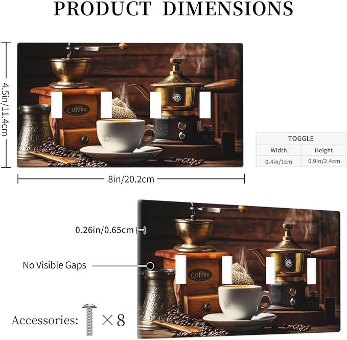 Decorative Switch Plate Cover with Vintage Coffee Retro Grinder Artwork Design 4 Gang Artistic Wall Plate Unique Quad Toggle Light Switch Covers for Rustic Kitchen Decor