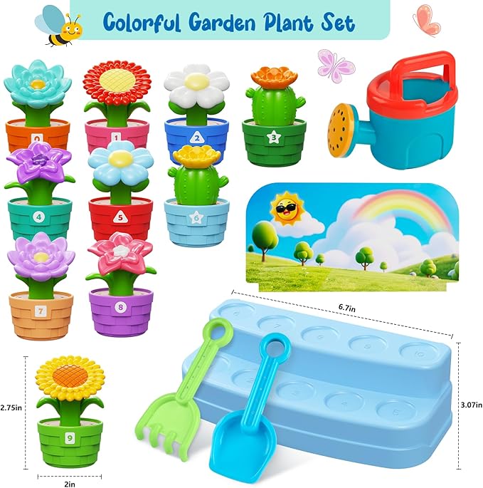 Montessori Flower Garden Building Toy for Toddlers, Gardening Set with Watering Can, Shovel, Rake, Shape & Color Sensory Toys, Preschool Learning Toys,Toddler Outdoor Toys,Gift for Baby Girls Boys