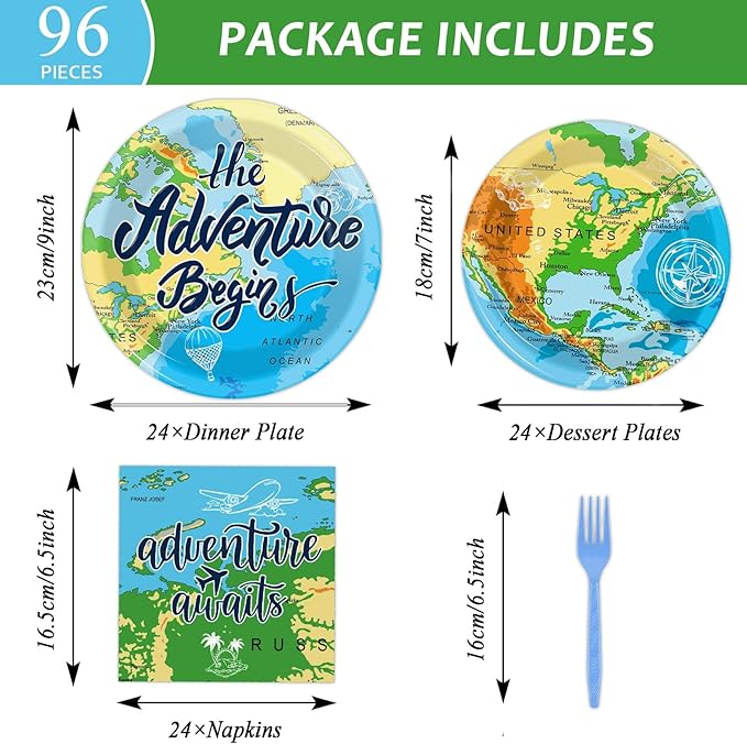 Wiooffen 96 Pcs Adventure Awaits Party Supplies Travel Map Birthday Plates Napkins Forks for Birthday Retirement Going Away Bon Voyage Paper Tableware Set Adventure World Party Decorations 24 Guests