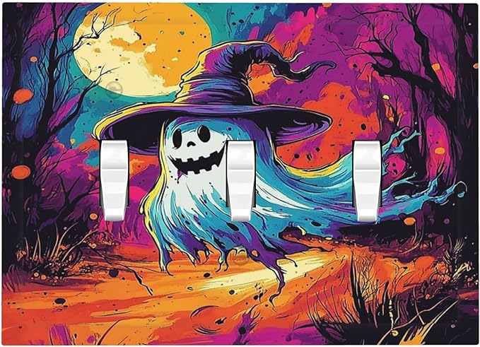 Decorative Switch Plates Ghost Colorful Forest Moon Dead Tree 3 Gang Wall Plate Triple Toggle Light Switch Cover Faceplate Electrical Wall Panels For Nursery Kids Room Decor