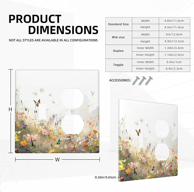 Wildflowers Watercolor Floral Colorful Butterfly Wallplates 1 Toggle 1 Duplex Switch Plate Electrical GFCI Faceplate Decorative Light Switch Covers for Farmhouse Bed Room Decor