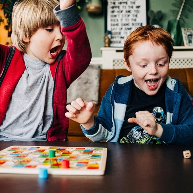 Bigjigs Toys Traditional Snakes and Ladders Game | 4 Player Wooden Board with Counters & Dice | Family Toy for Kids & Adults | Educational Tool for 3+ Year Old Children | Classic