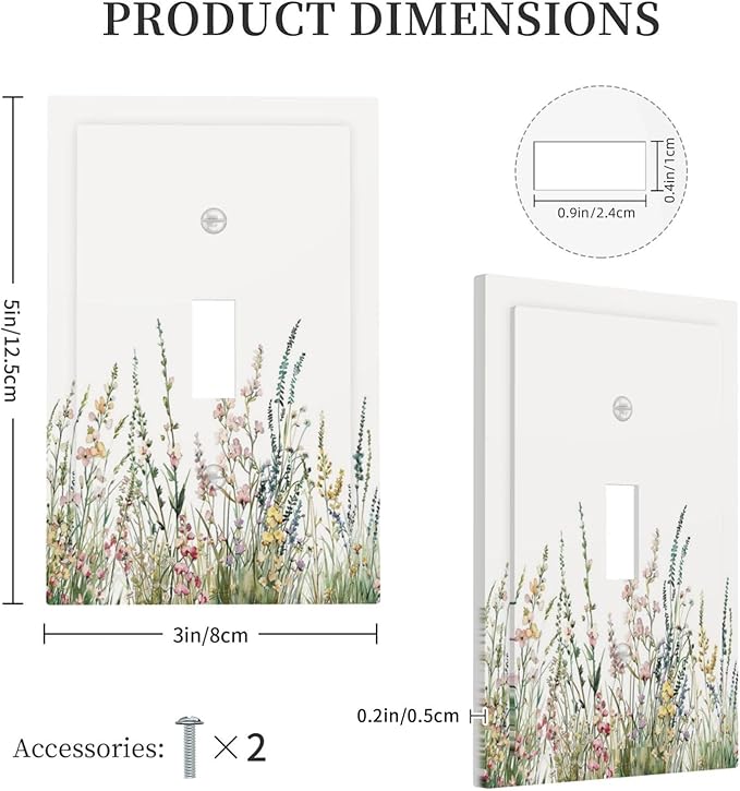 Decorative Light Switch Cover Boho Wildflower Green Leaves Rustic Floral Botanical 1 Gang Single Toggle Decorator Outlet Wall Plate Device Electrical Faceplate Switchplates for Bedroom