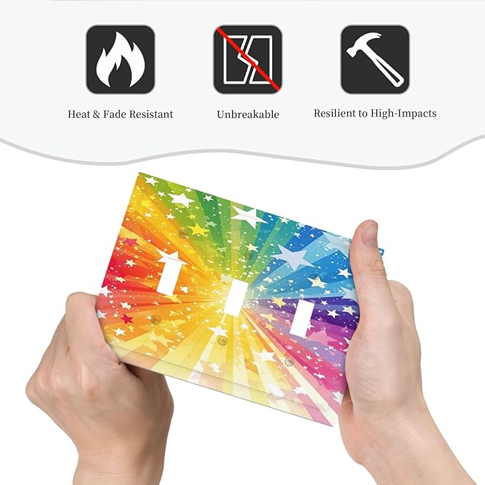 Light Switch Cover Plate Rainbowcolored Rays With White Stars 3 Gang Triple Toggle Decorative Switch Plates Wall Plates Electrical Switchplate Faceplate for Nursery Home Decor