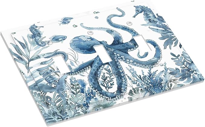 Blue Octopus Squid Seahorse Coral Watercolor Wild Sealife Decorative Switch Plates 3 Gang Wall Plate Triple Toggle Light Switch Cover Faceplate Electrical Wall Panels for Bathroom Kids Room Decor