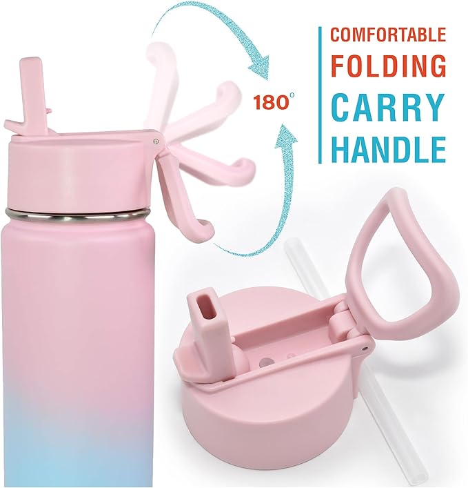 CHILLOUT LIFE 22 oz Kids Insulated Water Bottle for School with Straw Lid Leakproof and Cute Waterproof Stickers, Personalized Stainless Steel Thermos Flask Metal Water Bottle, Cotton Candy