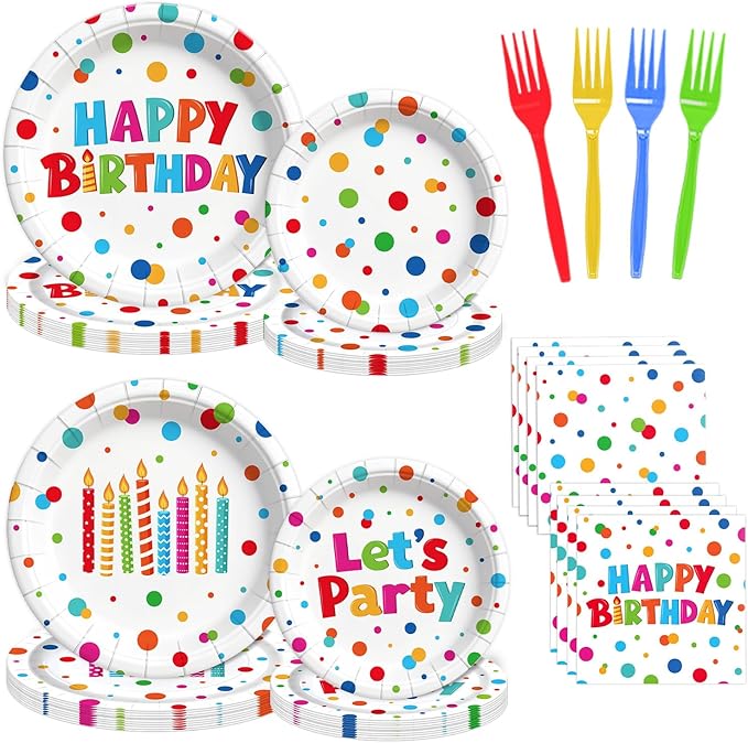 Kinovo 96 Pcs Happy Birthday Paper Plates Tableware Set (Serves 24), Birthday Dots Dots Design Supplies Set Include Plates Napkins Forks for Party