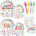 Kinovo 96 Pcs Happy Birthday Paper Plates Tableware Set (Serves 24), Birthday Dots Dots Design Supplies Set Include Plates Napkins Forks for Party